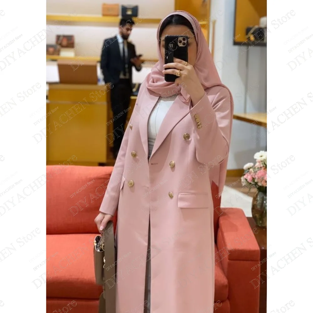 Pink Solid Women Jacket Elegant Peak Lapel Double Breasted Long Coat Chic Basic Daily Causal Office Wedding Party Jacket 1 Piece