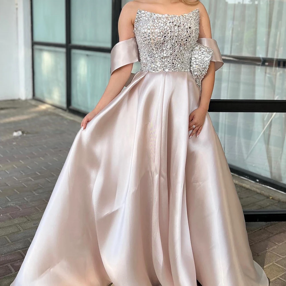 

Delicate Satin A-Line Off the Shoulder Sequined Crystal and Tassel Evening Dress Strapless Sleeveless Floor Length Panel Train