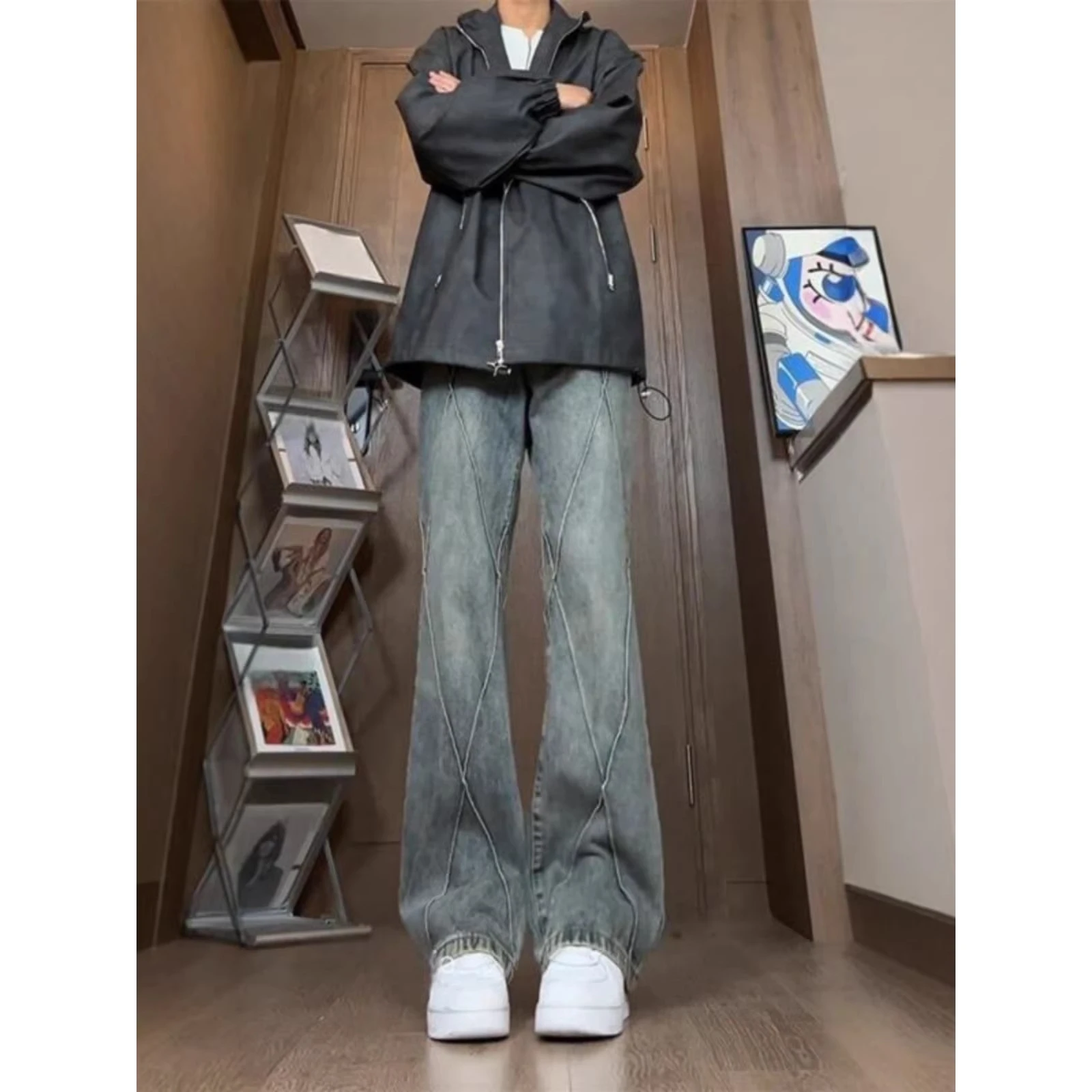 

American Vibe High Street Retro Patchwork Straight Leg Jeans Men's Slimming Pants Cool And Trendy Micro Flared Denim Jeans