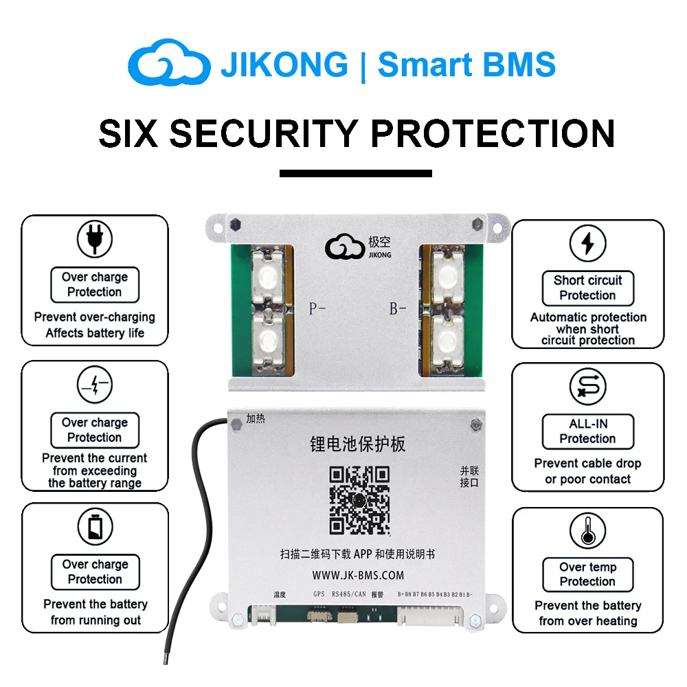 JIKONG V19 JK BMS Active Balance BMS 4S 5S 6S 7S 8S-24S 12V-36V 100A 200A 300A Smart BMS for Li-ion Lifepo4 Lto Battery Heat CAN