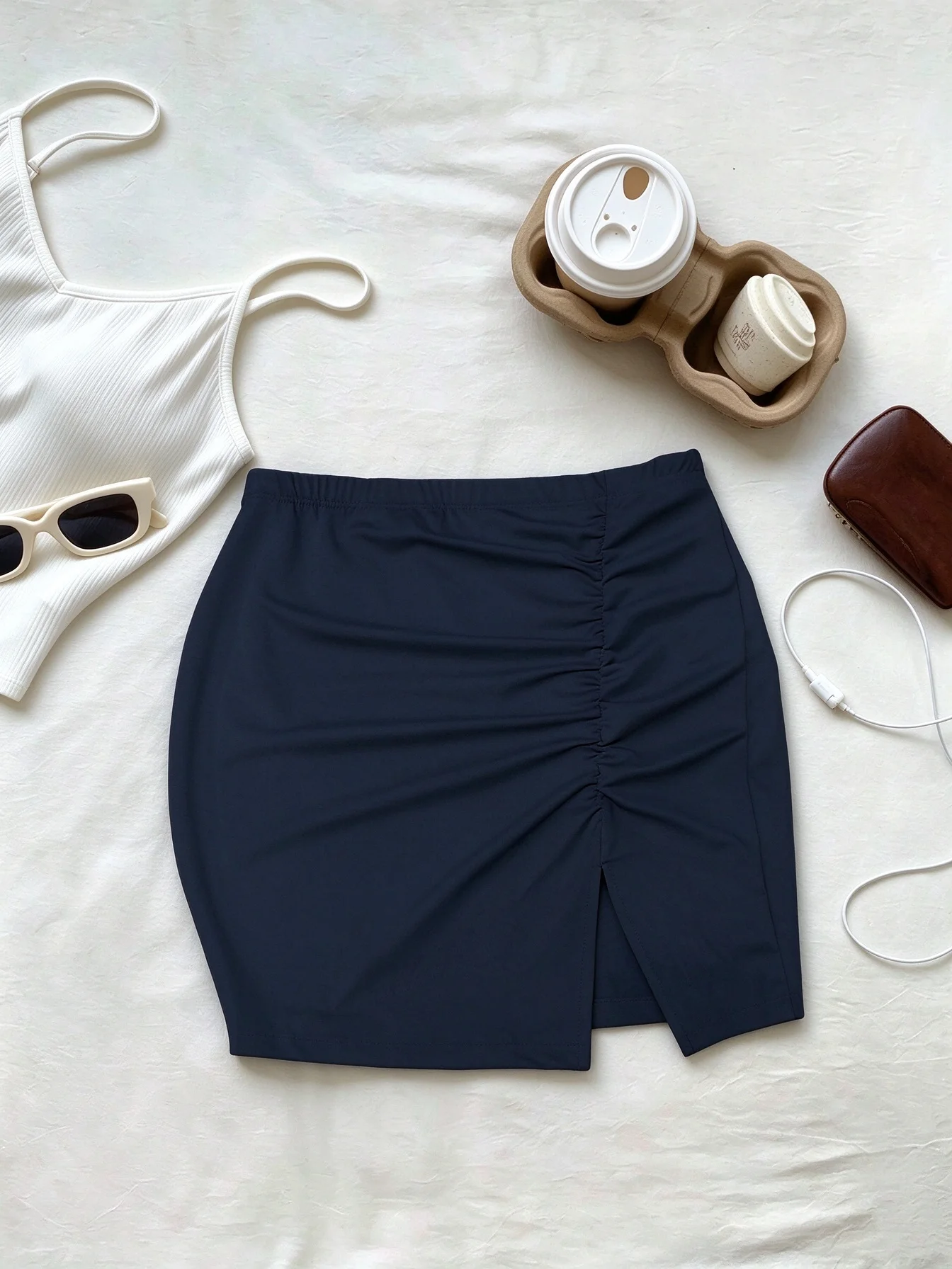 Women Elastic Waist Ruched Sides Split Hem Mini Skirt Slim Fit Y2K Sexy Xmas Party Casual Skirt