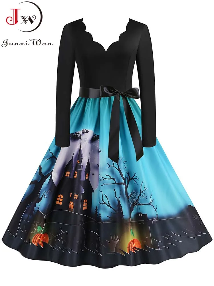 

Women Vintage Long Sleeve Halloween Dress 50s 60s V Neck Evening Party Prom Dress Halloween Costumes