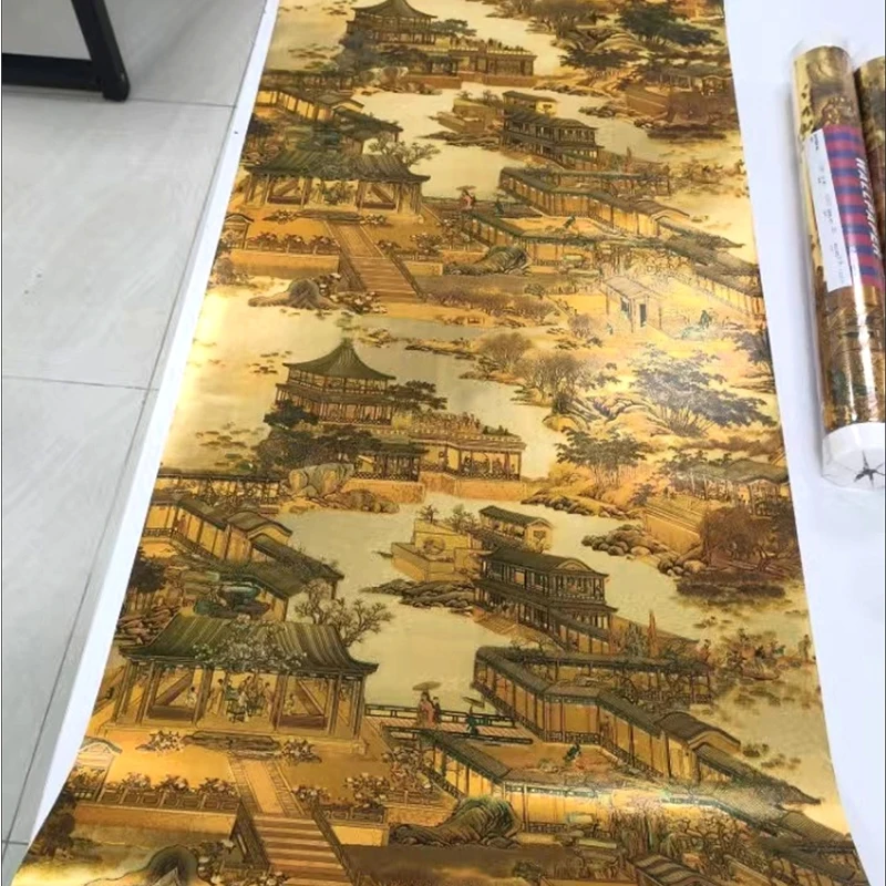 9.5M Qingming Shanghe Tu Wallpaper Chinese Classical Painting Golden Non-Self-Adhesive Wall Decoration Renovation Wall Sticker