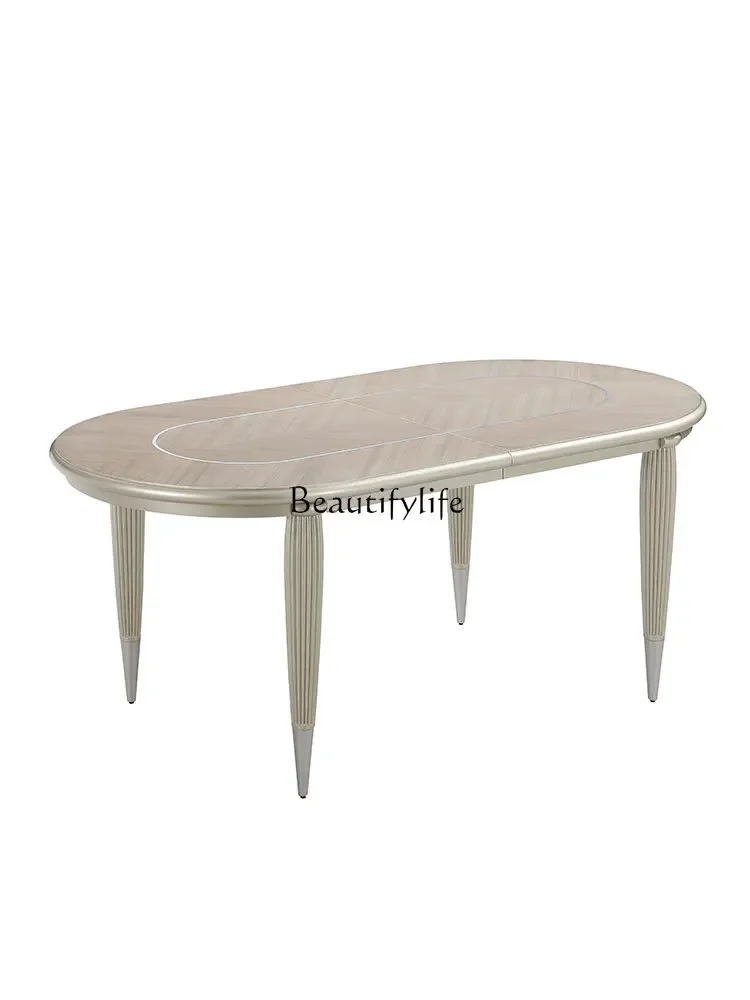 

American Light Luxury Solid Wood Oval Springboard Dining Table and Chair Modern French Retractable Mosaic