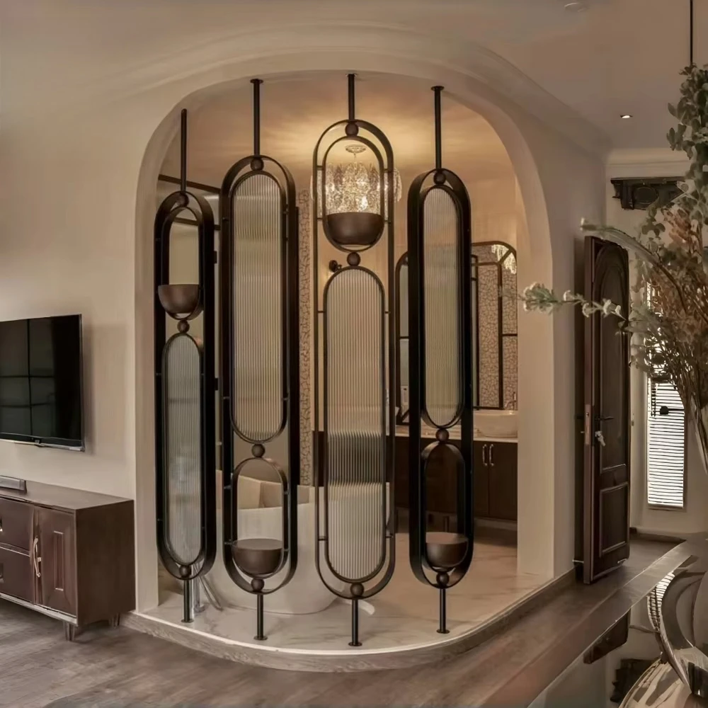

Hotel Office Bar Club KTV Villa Living Room Partition Customized Gold Oval Stainless Steel Frame Screen Metal Partition