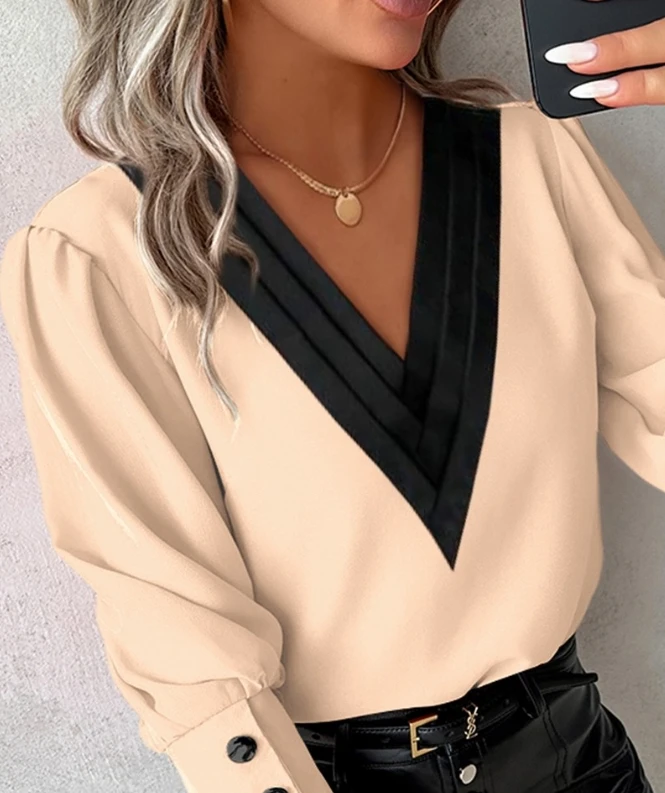 V-Neck Blouses Top New Hot Selling Autumn Winter Fashion Women's Contrast Paneled Gigot Sleeve Buttoned Casual Temperament Style