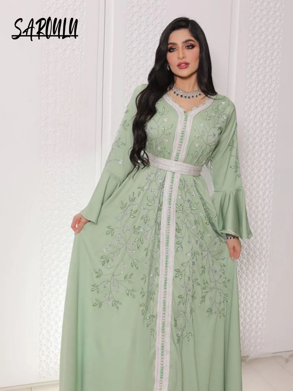 

Hot Sale Saudi Arabia A Line Dazzling Evening Dress Turkey Elegant Formal Party Robe Spring Customized Muslim Lace Prom Gown