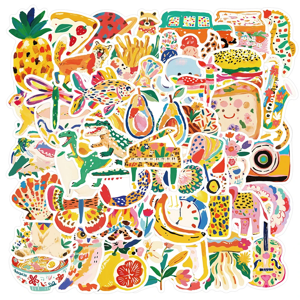 

10/30/50pcs Funny Colorful Illustrations Stickers Creative Art Cartoon Animal Food Sticker Laptop Suitcase Phone Decals Packing