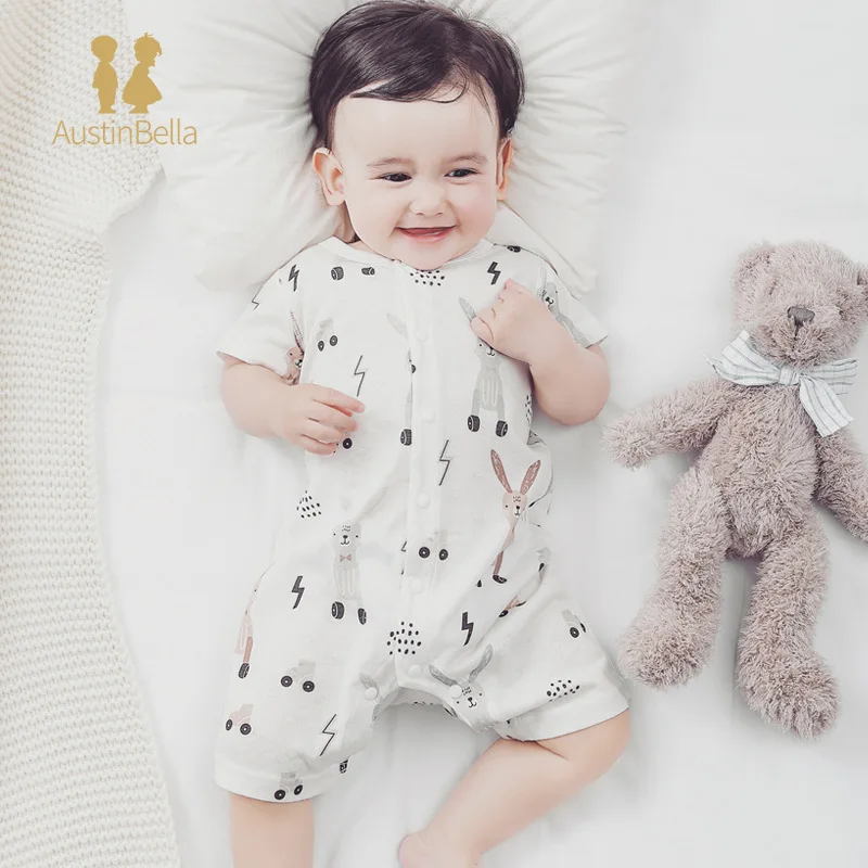 Bamboo Fiber Baby Clothes Summer Baby Jumpsuit Short Sleeved Thin Breathable Newborn Crawling Clothes Toddler Baby Print Pajamas