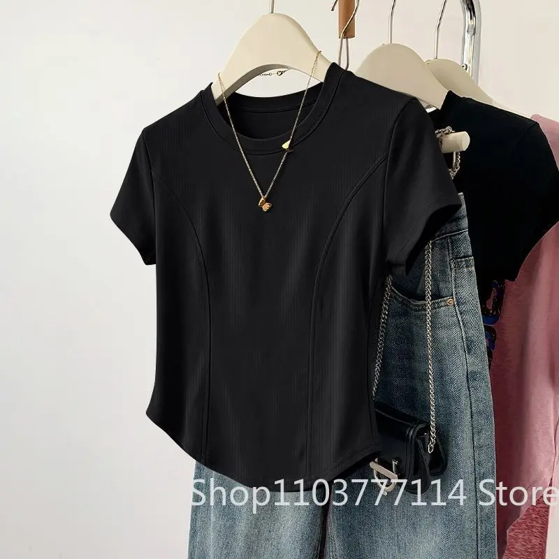 Damen Sommer Kurzarm-Oberteil für Mode, Vielseitiges Basis-Shirt, Hochwertiges Rundhals-T-Shirt, Lässig und Atmungsaktiv und Kühl – Detail 5