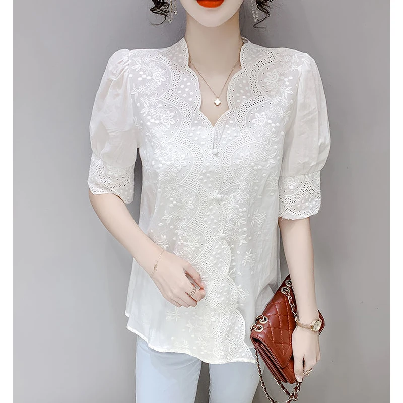 Women White Hollow Lace Embroidery Asymmetrical Blouses Summer Fashion V Neck Short Sleeve Sweet Shirts Casual Chic Tops Female