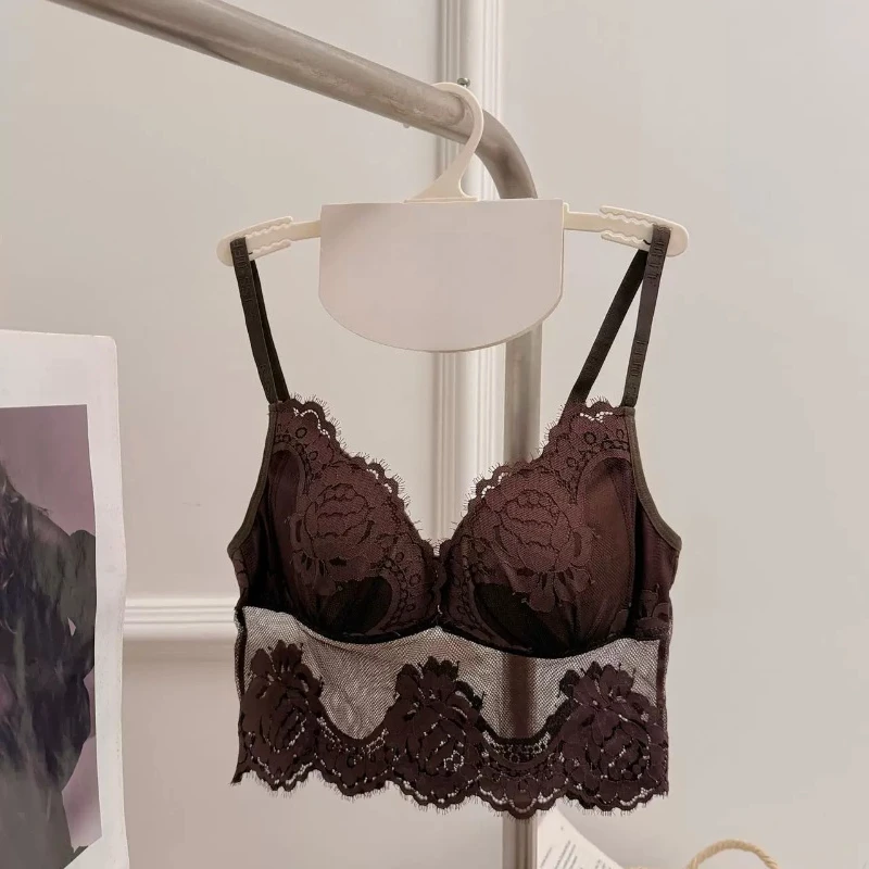 MOYISU French Triangle Cup Lace Camisole Undergarment Mesh Breathable Padded Soft Support Thin Spaghetti Strap For Ladies M-L
