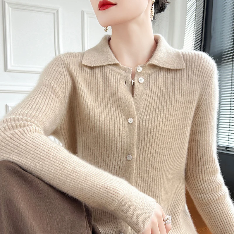 

Модный женский мягкий вязаный кардиган из 100% мериносовой шерсти с отложным воротником и длинными рукавами, кашемировый повседневный однотонный теплый топ