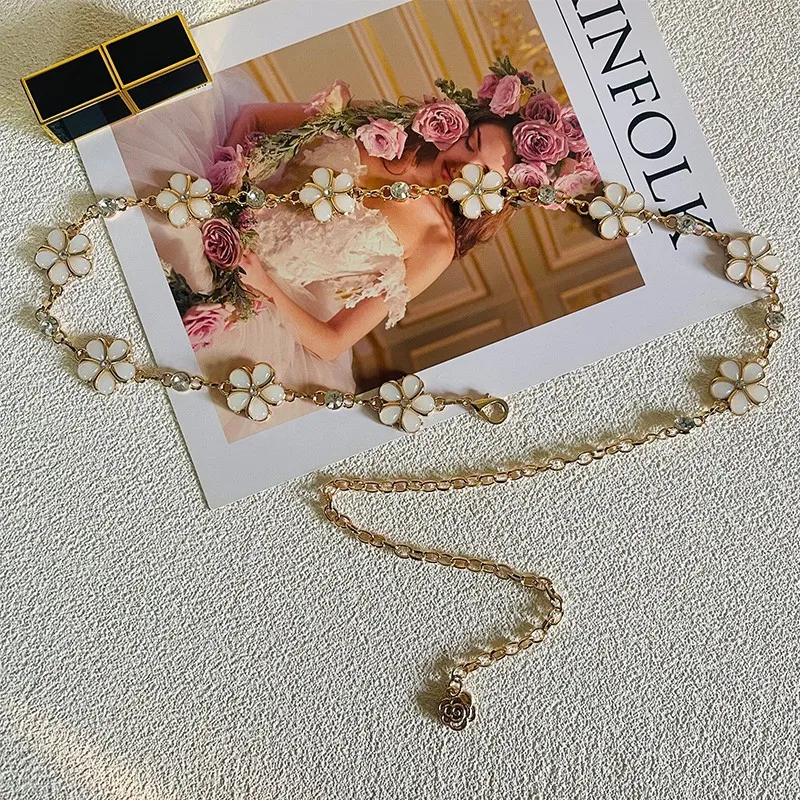 

European and American Jewelry Waist Chain Women's Accessories Skirt Suit Fashion Simple Flower Metal Rhinestone Chain Belt Women