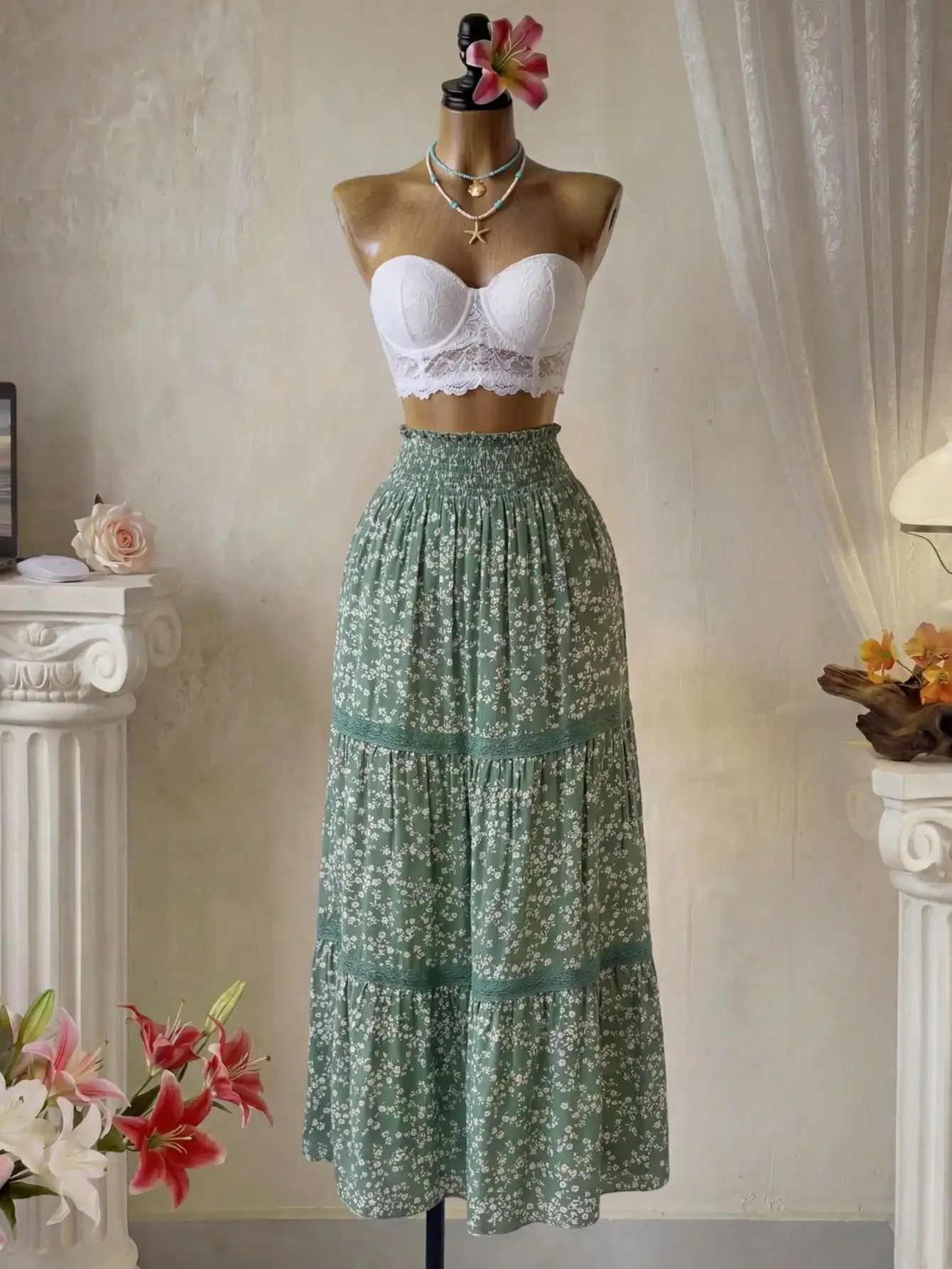 Falda Maxi de Mujer con Estampado Floral y Dobladillo de Encaje en Contraste, Estilo Boho, para Vacaciones
