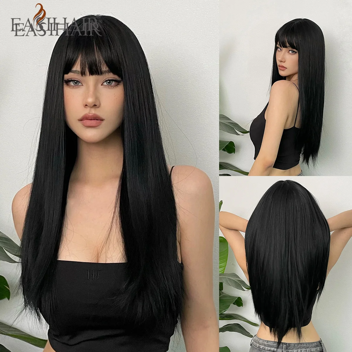 EASIHAIR Black Synthetic Natural Hair Wigs Long Straight with Bangs Daily Cosplay Wig Heat Resistant Fiber Wigs for Women