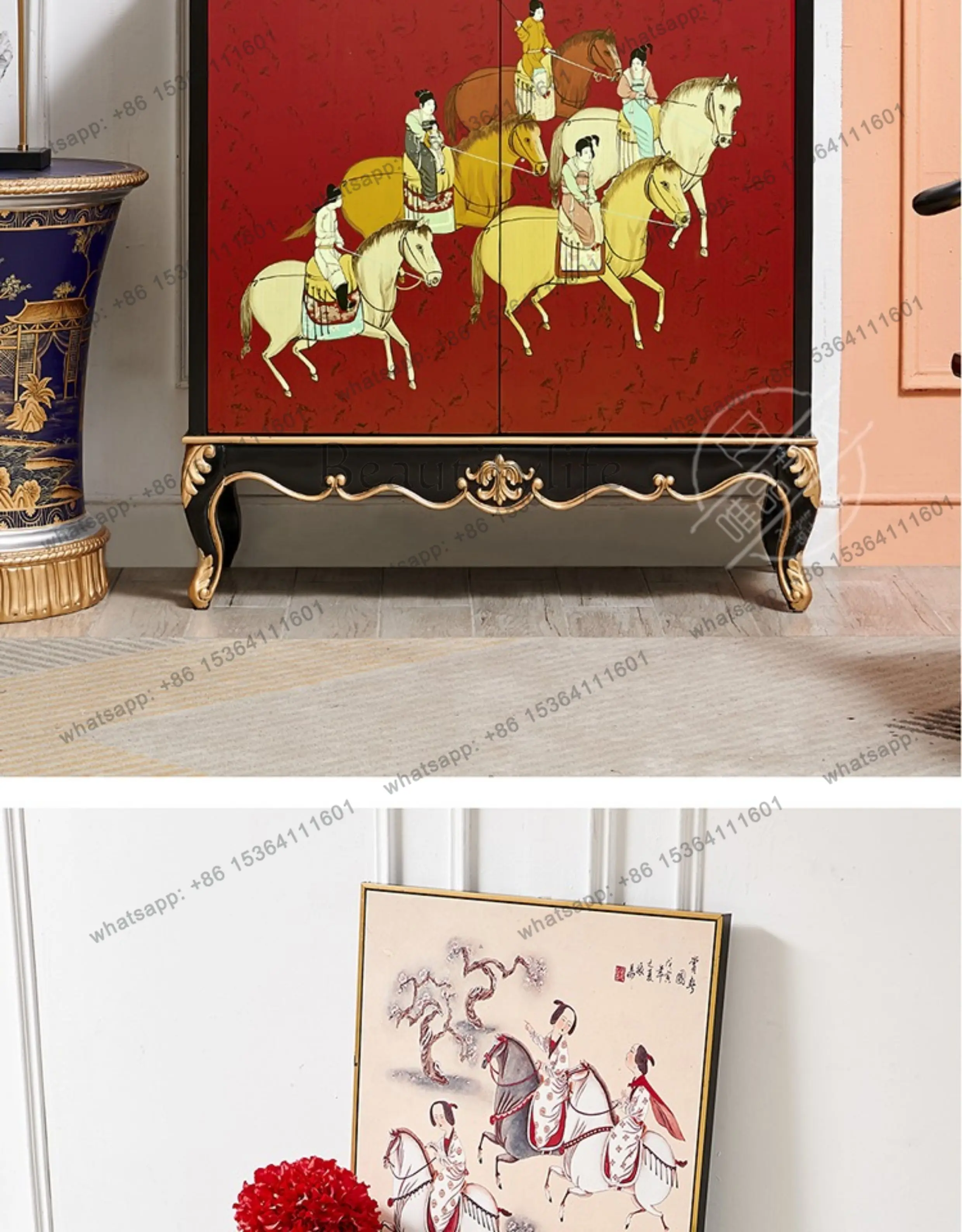 FG new Chinese red painted art solid wood integrated entrance shoe cabinet French high-end side cabinet