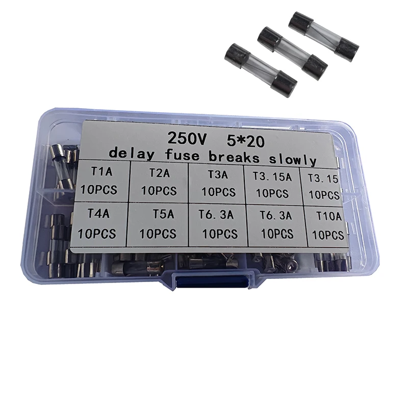 100PCS Slow Break 5*20mm Delay Fuse Tube 250V T1A T2A T3.15AT4A T5A T6.3A T10A Box Spiral Wire Glass Fuse Tube Delay