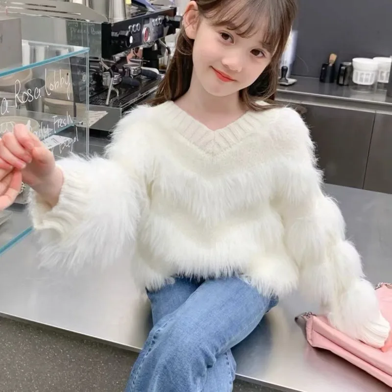 Girls Sweater Pullover V-neck Solid Color 2024 New Autumn and Winter Children's Sweater Top image 5