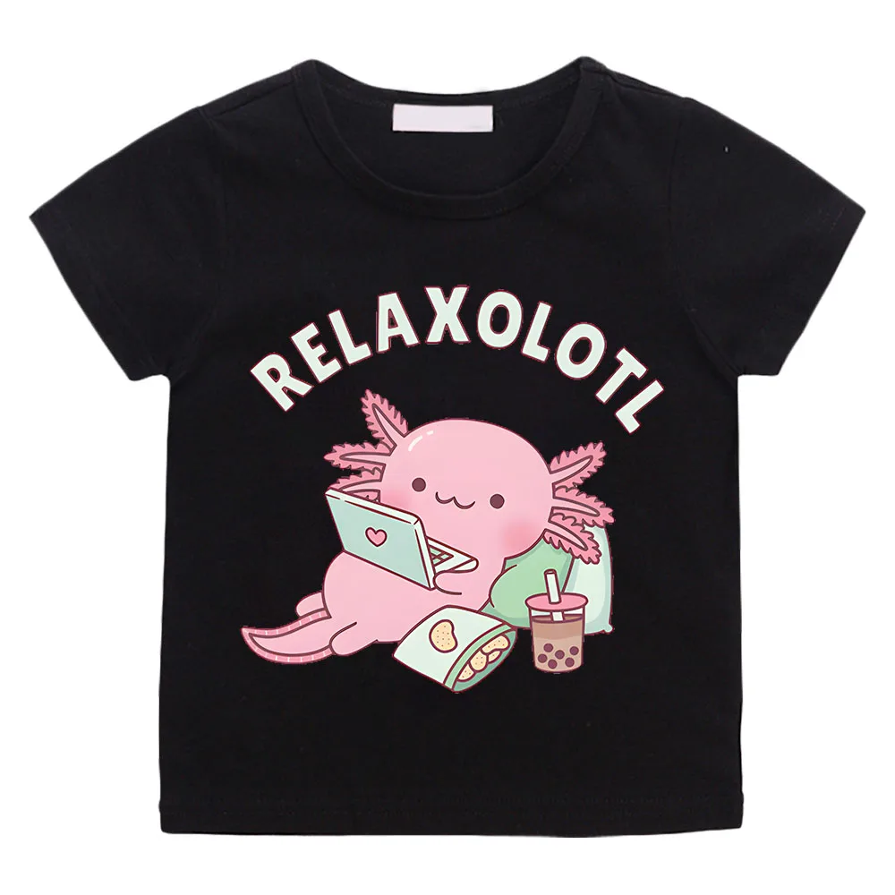 

Cute Relax A Lot Axolotl Kids T-shirt Cartoon Funny Pun Graphic Clothes for Boys/Girls Cotton Short Sleeve Kids Summer Tops Tees