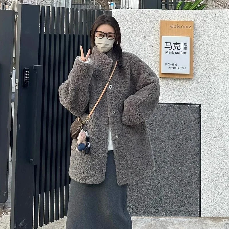 

Women Faux Fur Mid Legnth Coats Jackets Stand Collar Coat Thick Warm Y2k Streetwear Jacket Casual Loose Outerwear Autumn Winter