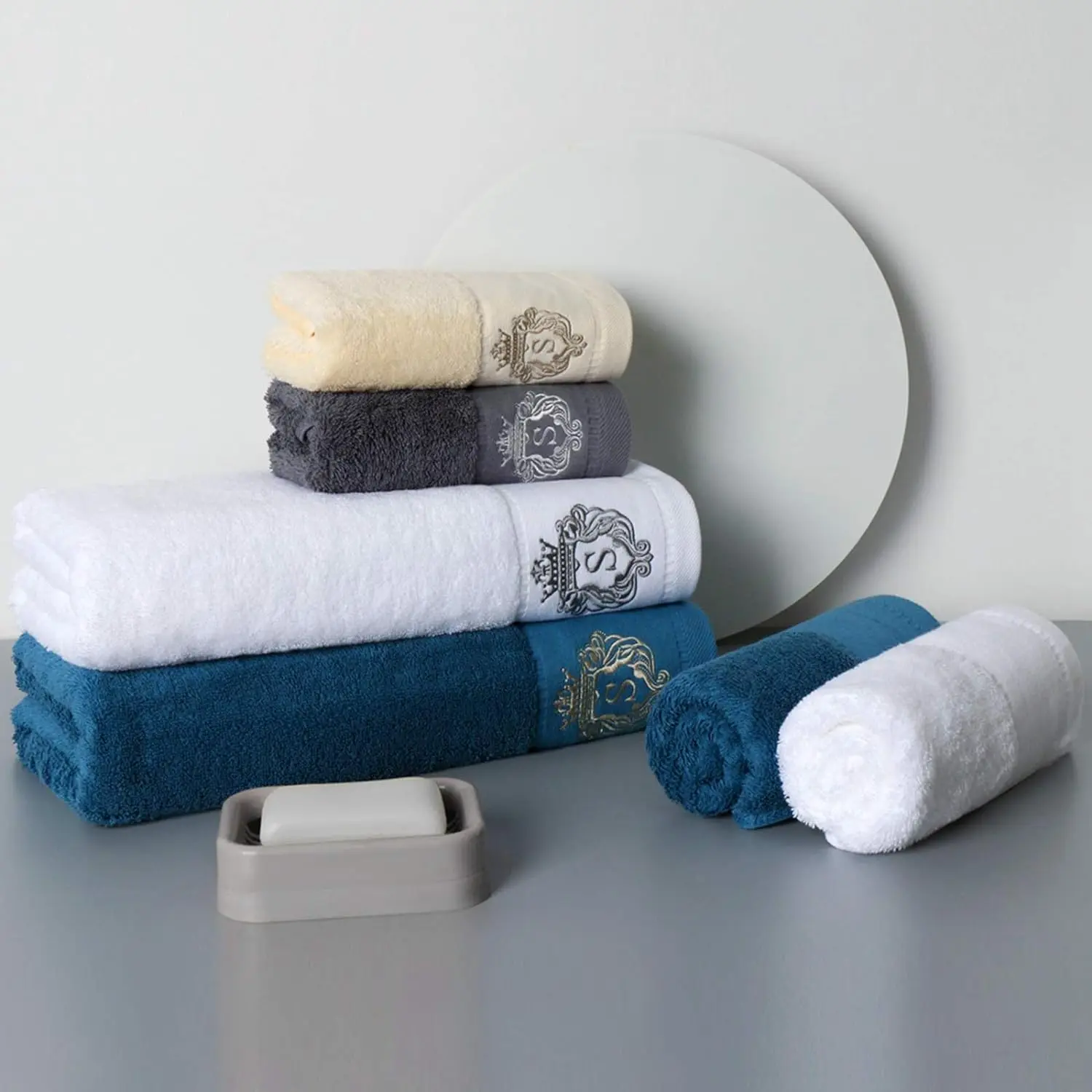 1PCS Cotton Towels 35X75CM 70X140CM Embroidered Bathroom Face Hand Bath Towels Gift Absorbent Towel For Home 수건 세트 Blue White