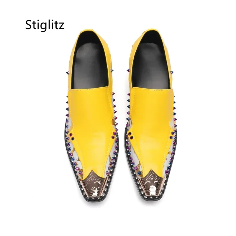 Yellow Print Genuine Leather Shoes for Men Patchwork Metal Toe Rivet Casual Business Shoes with Heels Retro Party Dress Shoes view 2