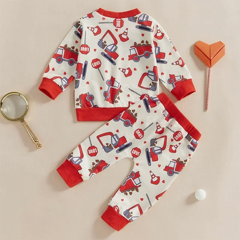 Baby Boy Valentine Outfit Truck Print Long Sleeve Sweatshirt and Elastic Pants Set Newborn Clothes