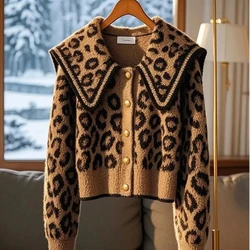 Popular Coffee Colored Leopard Print Sweater Jacket Beautiful and Thick Navy Collar Soft Cardigan Top