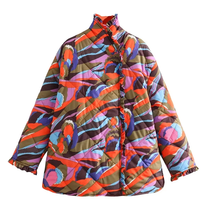 Geometrie Druck Bunte Baumwolle gefütterte Kleidung Mantel Winter Warme Mode Jacke Lässige Mode Dame Lange Ärmel Tops Streetwear