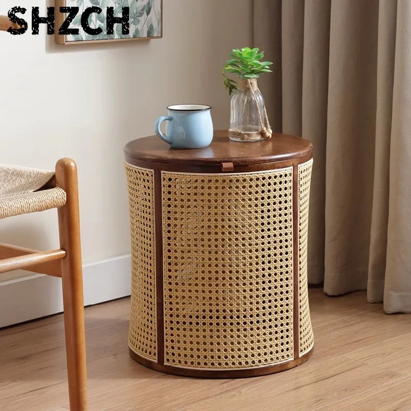 Cesta de lavandería de madera d/e caucho y ratán, cesta d/e almacenamiento japonesa con asas, taburete d\e mesa d\e centro desmo