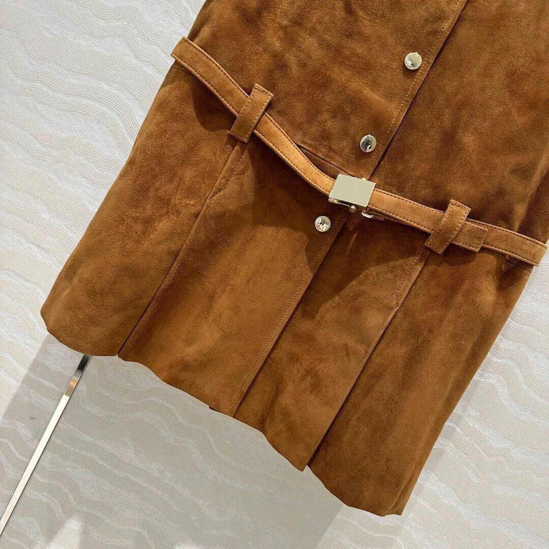 2024 New Autumn Luxury 100% Suede Sheepskin Leather Runway Design Retro Dress Women Lapel Sleeveless Slim Belt Pleated Dresses