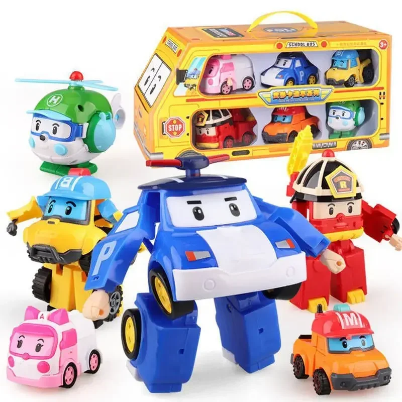 6 Korean Manual Deformation Rescue Vehicle Robot Toy Fire Truck Roy And Helly Fire Truck Children\'s Gift Box Gift Boys And Girls