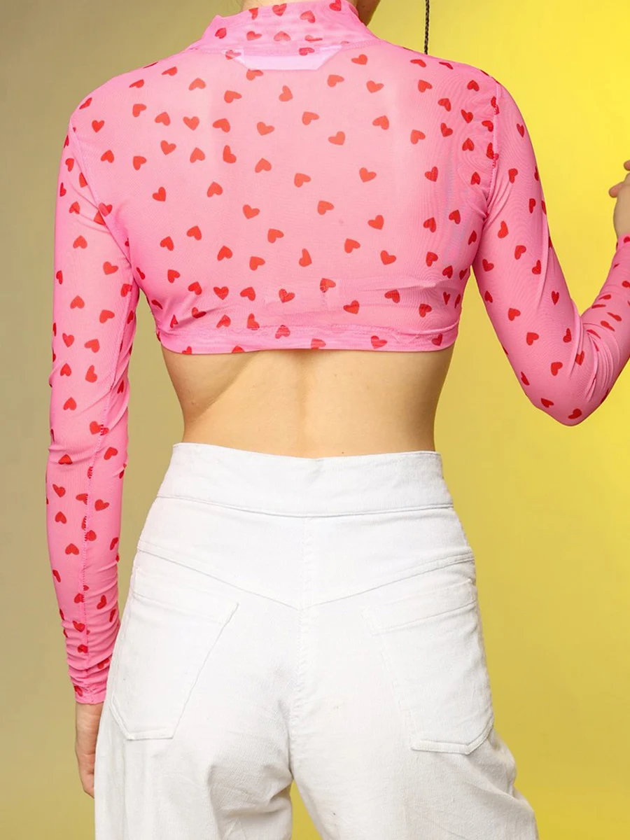 المرأة القلب المحاصيل قمم وهمية الرقبة طويلة الأكمام تظهر السرة تي شيرت عارضة الشارع الشهير