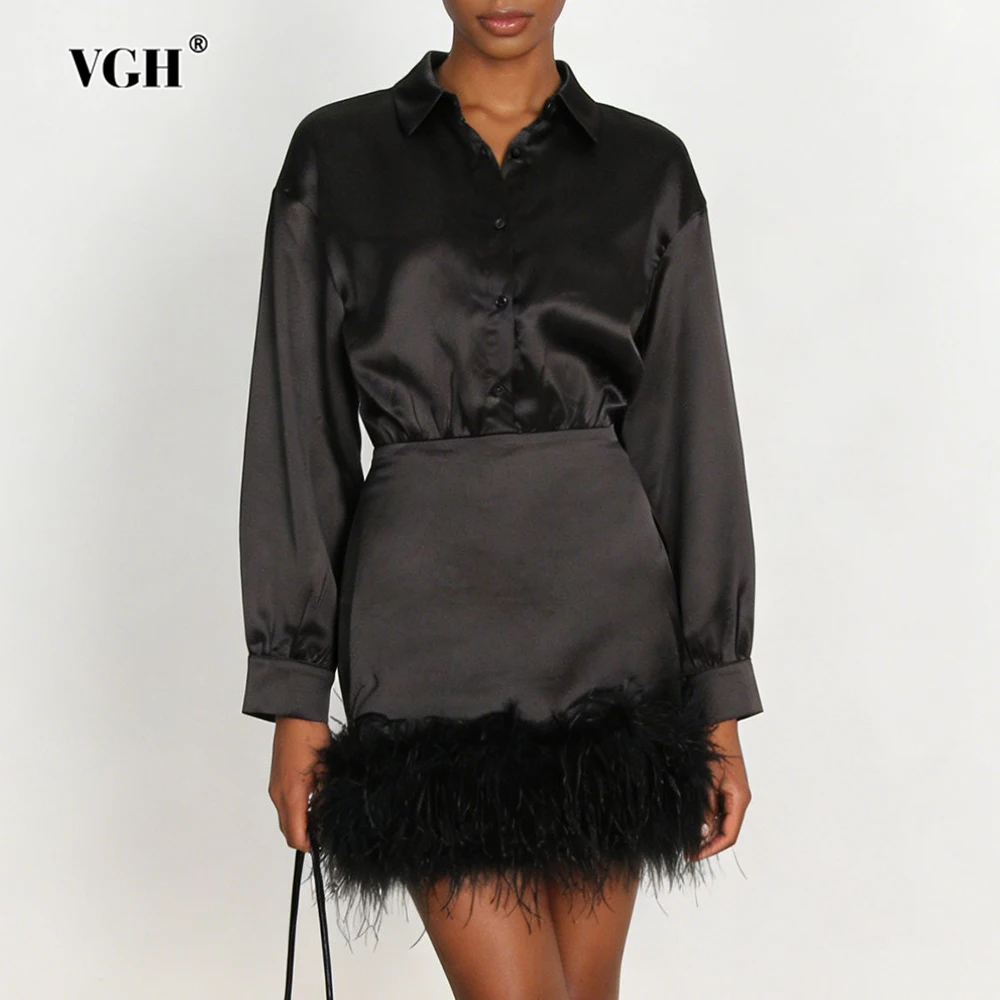 فساتين VGH صغيرة أنيقة للتخسيس من الساتان للنساء مع طية صدر السترة وأكمام طويلة وخصر عالٍ فستان أنيق من الريش موضة نسائية #1