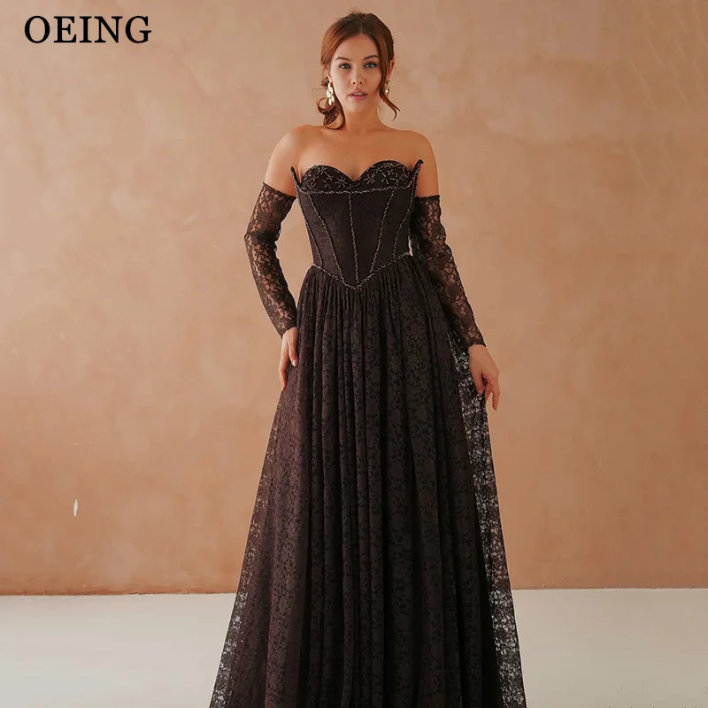 OEING Elegant A-Line Black Prom Dresses Sweetheart Beading Lace Maxi Party Dresses Gala Women robes de soirée Customized