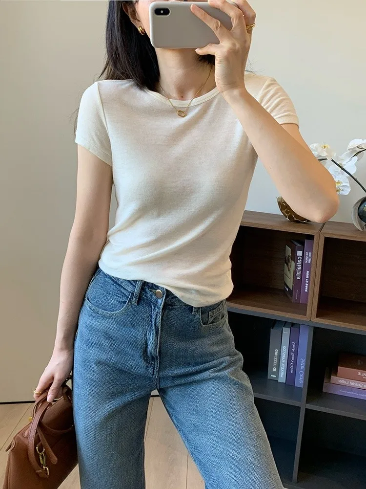 

Spring 2024 Slim Fit Merino Wool round Ne T-irt Ba S Line Casual Top Uni Crispirit Brand ort Sve Regular Length