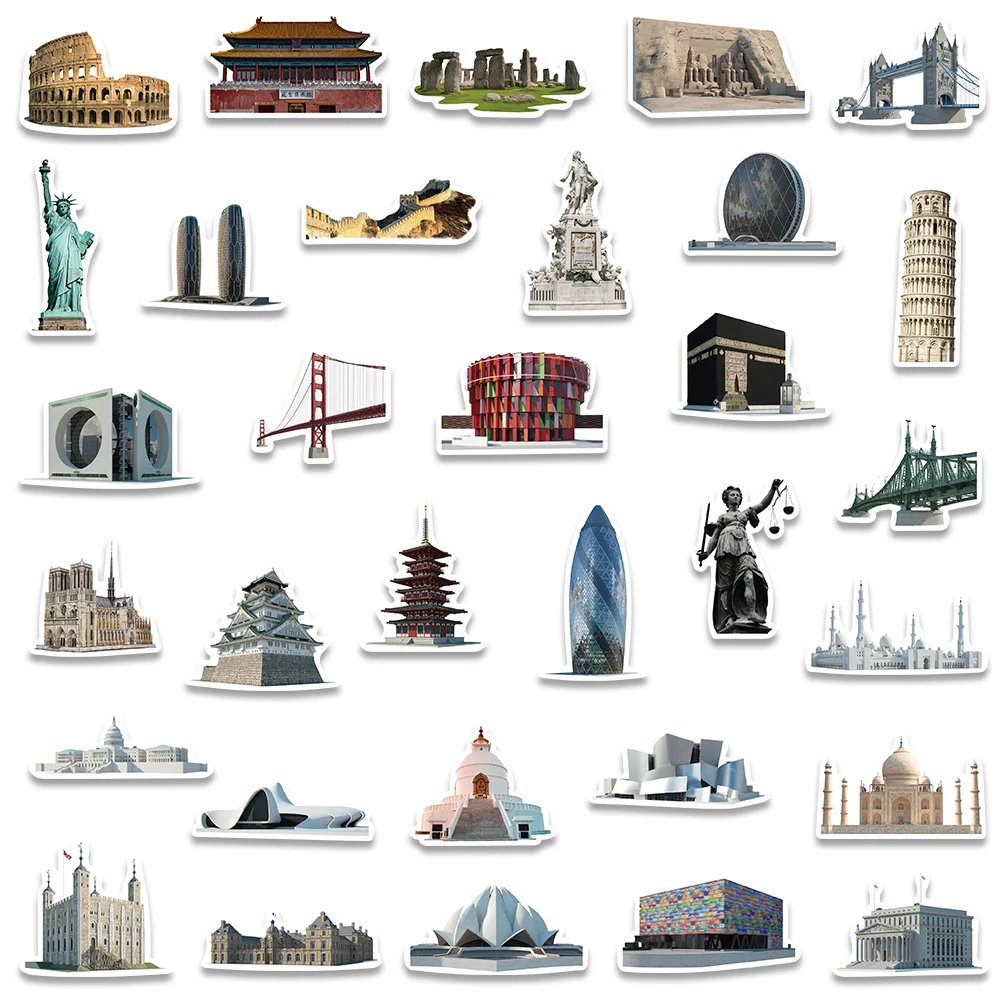 65PCS World Famous Architecture Tourism Graffiti Stickers DIY Laptop Luggage Phone Scrapbook Cool Building Decals Sticker