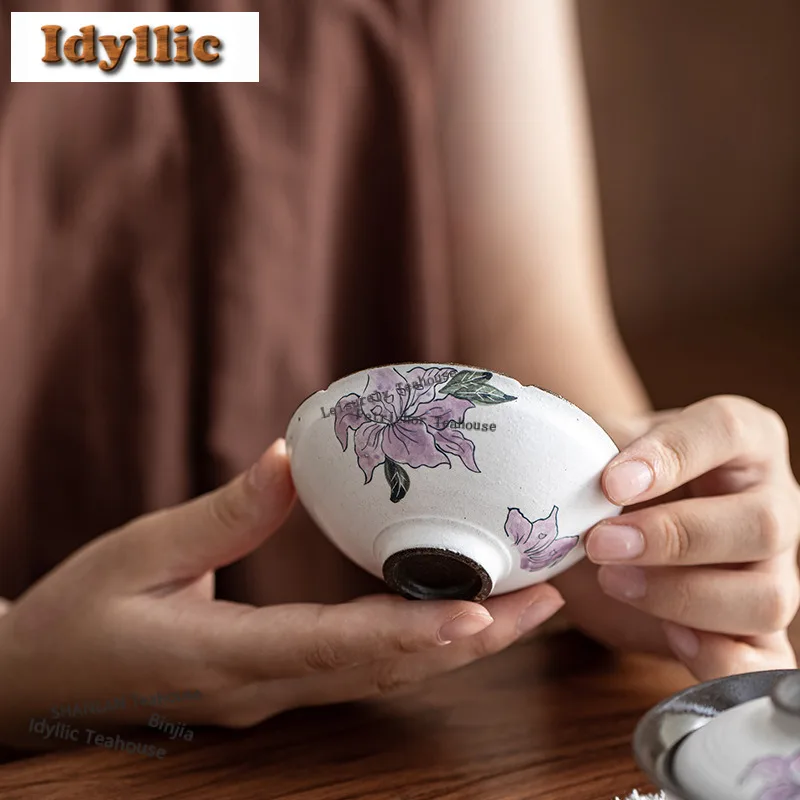 2pc/lot Hand-painted Iris Flower Teacup Handmade Tea Bowl Beautiful Tea Cup Tea-tasting Meditation Cup Jianzhan Master Cups 80ml