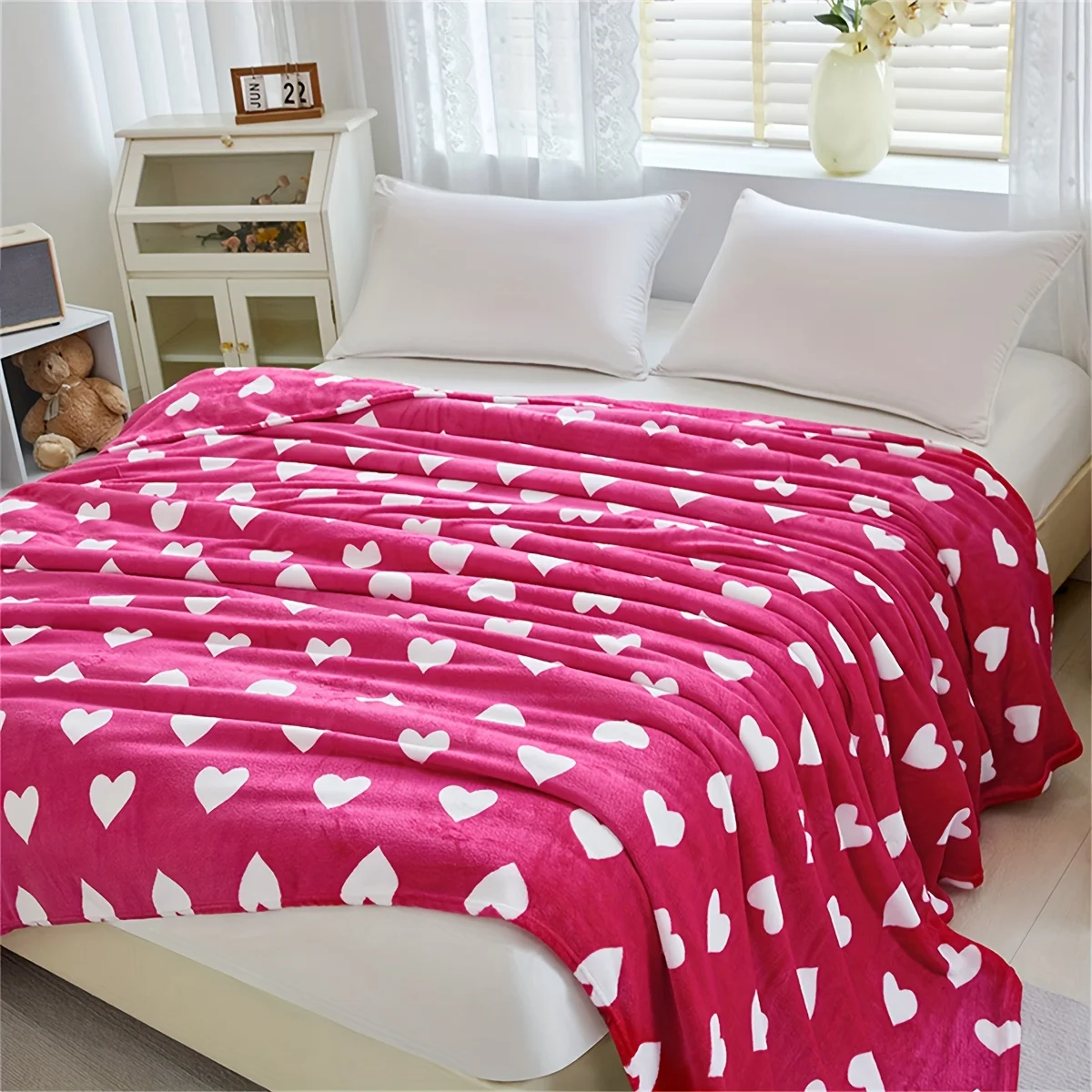 1 Stück Rosa Herz Valentinstag Flanell-Wurfdecke 2D Weich Warm für Schlafzimmer Wohnzimmer & Camping Alle Jahreszeiten