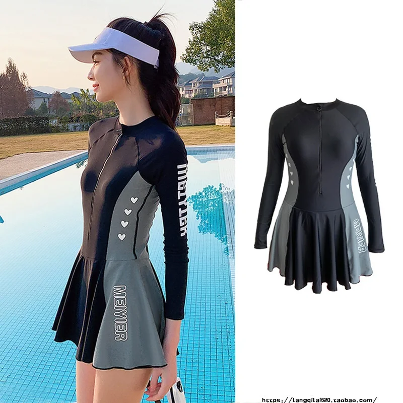 Korea Style Long Sleeve One Piece Swimsuit Dress Sexy Women Zipper Fashion Surf Suit Ladies Skirt Swimwear Female Bathing Suits