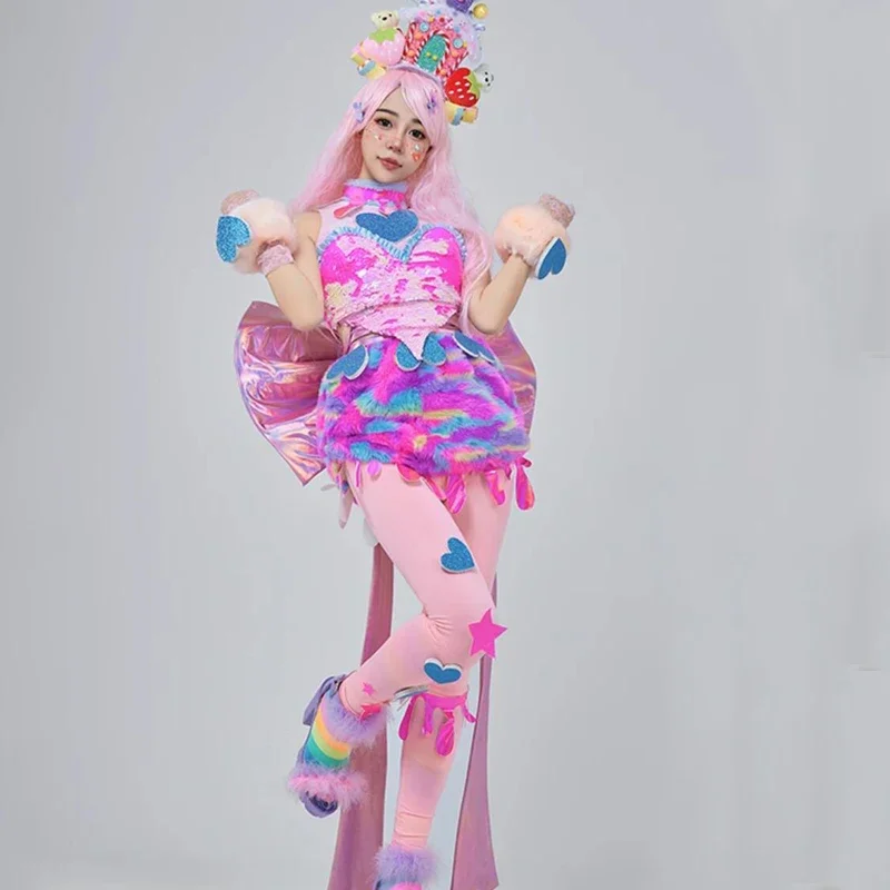 Trajes de baile Gogo bonitos para mujer, traje de fiesta rosa para Festival, ropa de Cosplay Rave, ropa para discoteca, ropa para el escenario XS6931