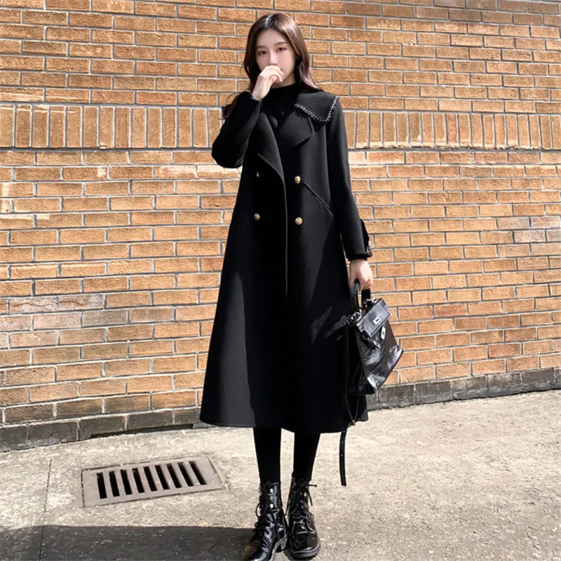 Korean Women's Woolen Coat New Autumn Winter Thick Woolen Cloth Coat Female Black Double-breasted Long Knee Belt Overcoat