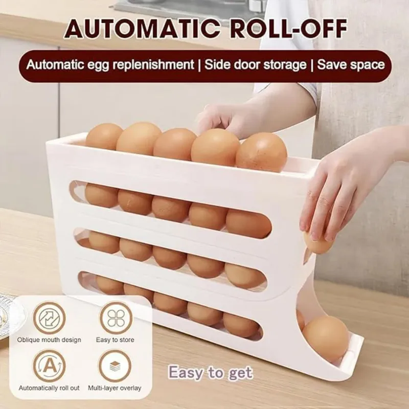 Egg Holder for Fridge, Egg Dispenser Auto Rolling Egg Tray Storage and Organizer, Space-Saving Egg Roller for Refrigerator