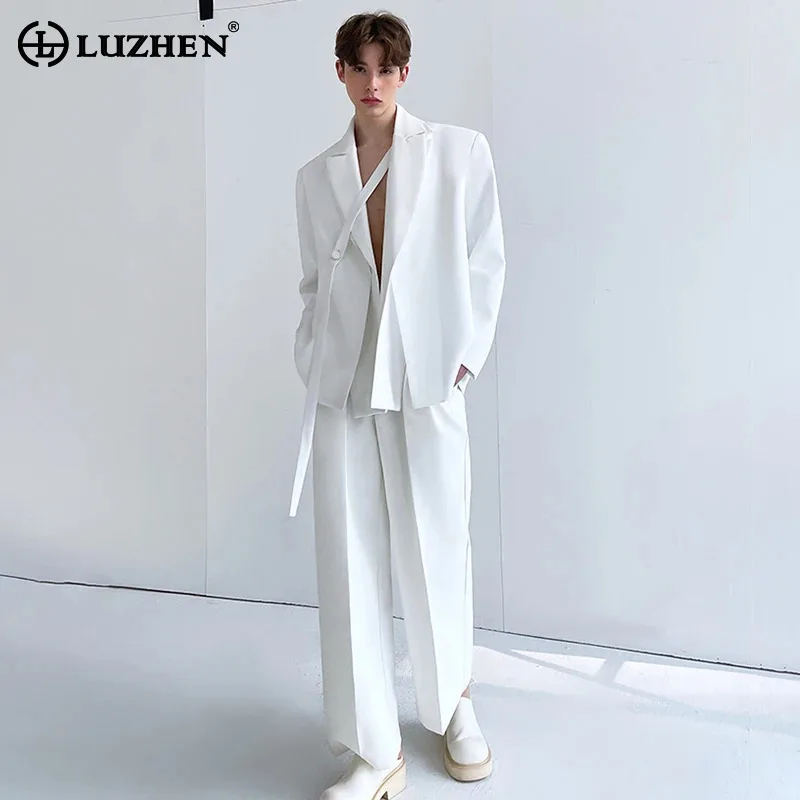 LUZHEN Elegant Male Two-piece Sets 2025 New Plain Double Layer Design Ribbon Decorate Blazer Coat Men's Straight Trousers JY3314