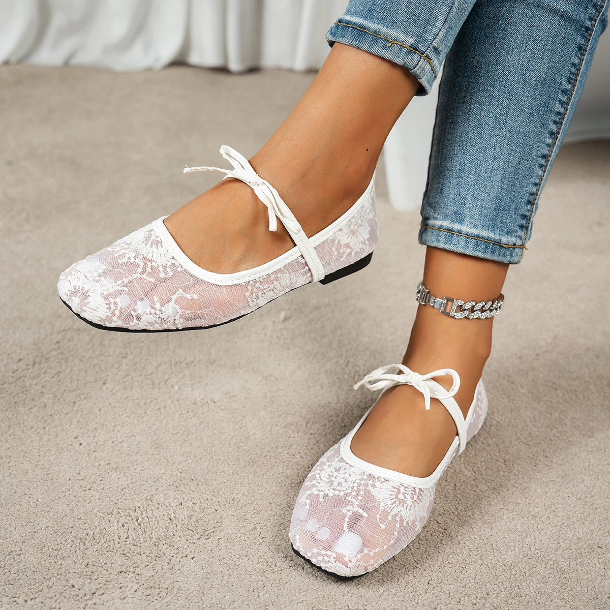 Shoes for Woman Elegantes Cute Square-toe Ballet Mesh Flat Slip-on French-style Temperament Mary Jane Shoes Sapatos Femininos