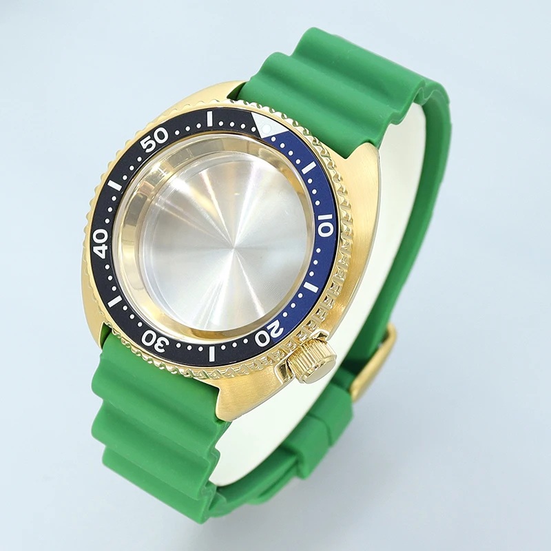 

Gold 45mm Watche Case Green Rubber Strap Sapphire Abalone Fit Tuna Turtle Seiko NH35 NH36 NH34 Movement chapter Ring 28.5mm Dial