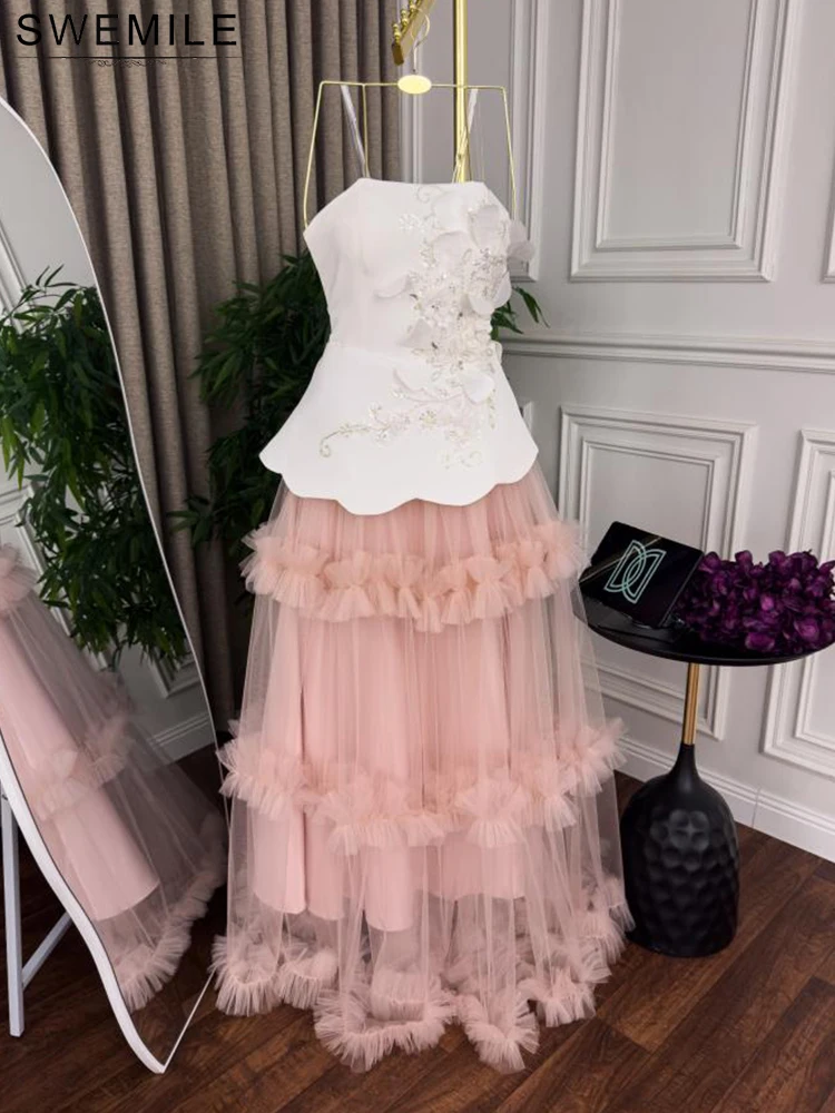 SWEMILE-vestidos de noche elegantes con apliques sin tirantes, corte en A, Vintage, flores en 3D, corsé, vestidos de graduación, vestidos de fiesta de tul escalonados 2026