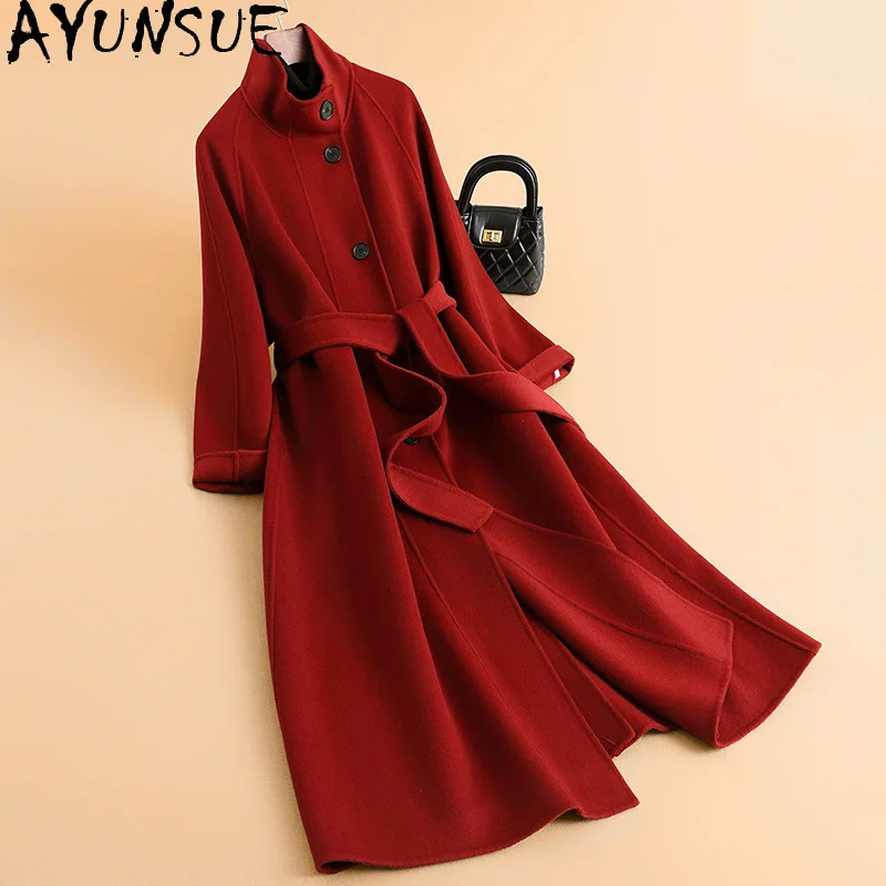 

AYUNSUE 99,9% шерсть 10,1% кашемировое пальто женский пояс 2025 зимняя одежда элегантные женские куртки длинный стиль Jaqueta Feminina
