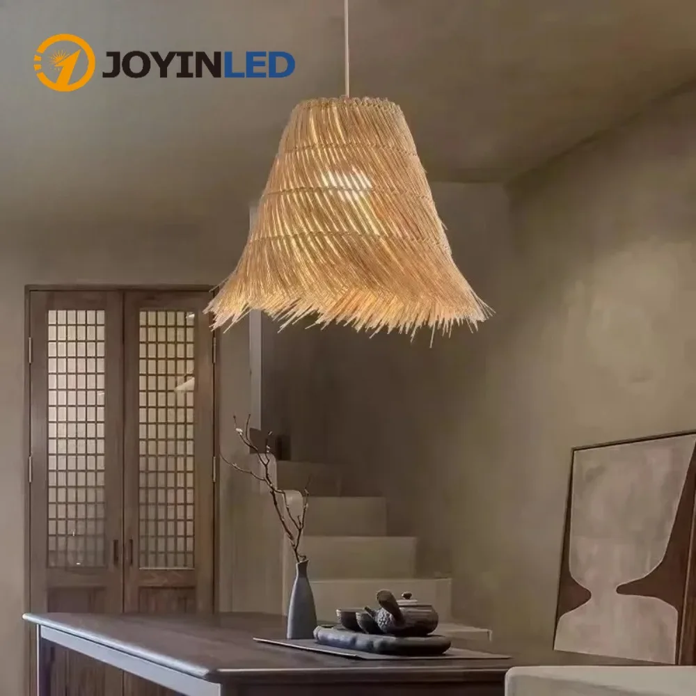 Retro Creative E27 Rattan Chandeliers Hand Woven Circular Straw Hat Lampshade Countryside Restaurant Bamboo Woven Pendant Lights